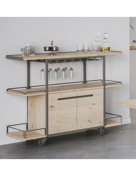 HARRY - Meuble bar à roulette 124 cm 2 portes 
