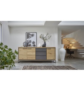LINEA - Enfilade 4 portes bois et béton - 1 tiroir 