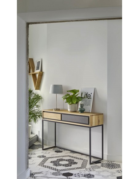 LINEA - Console 2 tiroirs bois et béton 