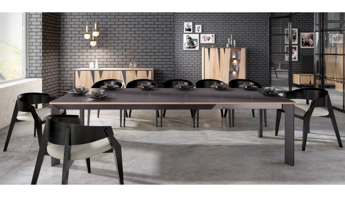 CUTTING - Table de repas pied central avec 2 allonges de 45 cm en bout 
