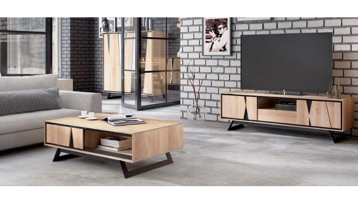 CUTTING - Table de repas pied central avec 2 allonges de 45 cm en bout 
