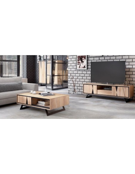 CUTTING - Table de repas pied central avec 2 allonges de 45 cm en bout 