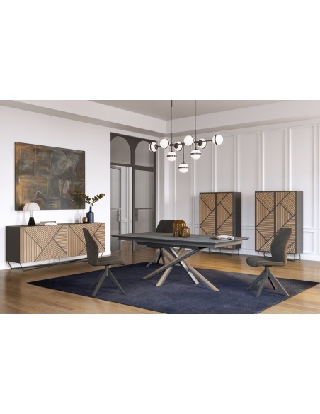 SEIDE - Table pieds central plateau céramique, 2 allonges de 50 cm 