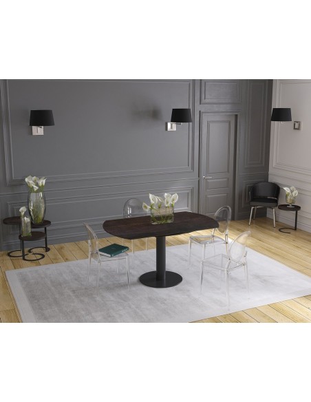 UNA - Table de repas extensible deux allonges intégrées pied central acier laqué noir