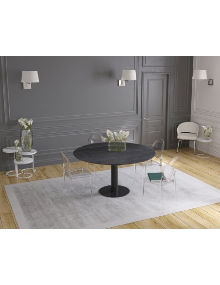 UNA - Table de repas extensible deux allonges intégrées pied central acier laqué noir