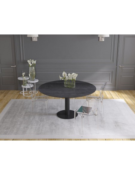 UNA - Table de repas extensible deux allonges intégrées pied central acier laqué noir