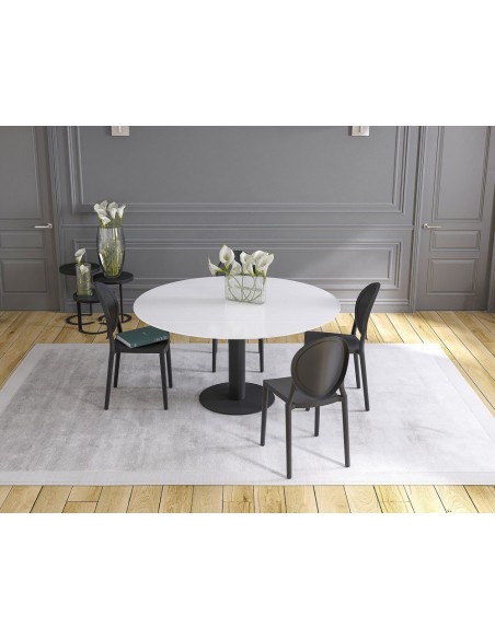 UNA - Table de repas extensible deux allonges intégrées pied central acier laqué noir