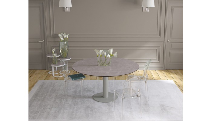 UNA - Table de repas extensible deux allonges intégrées pied central acier laqué gris