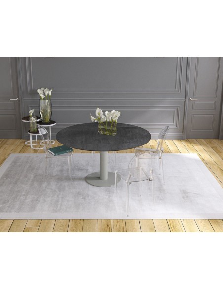 UNA - Table de repas extensible deux allonges intégrées pied central acier laqué gris