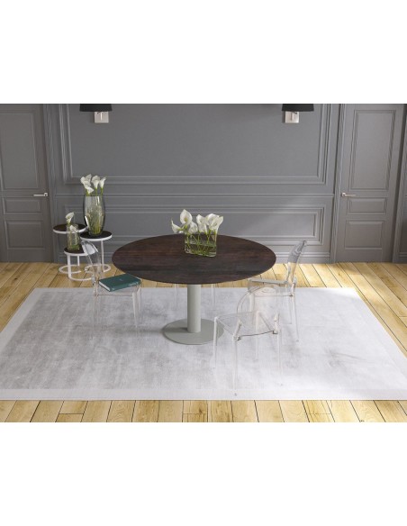 UNA - Table de repas extensible deux allonges intégrées pied central acier laqué gris