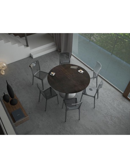 UNA - Table de repas extensible deux allonges intégrées pied central acier inox brossé